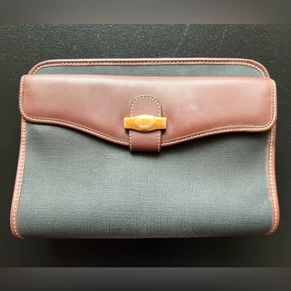 Dunhill Authentic Clutch Bag Second Bag Gray Brown Leather Green Plaid Lining!